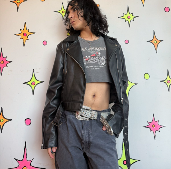 Y2K Black Vegan Leather Moto Jacket Grunge Goth Rocker Biker Jacket M