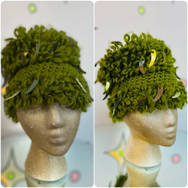 Vintage 1960s Green Shaggy Crochet Sequin Hat | Made in Japan | Wearable Art