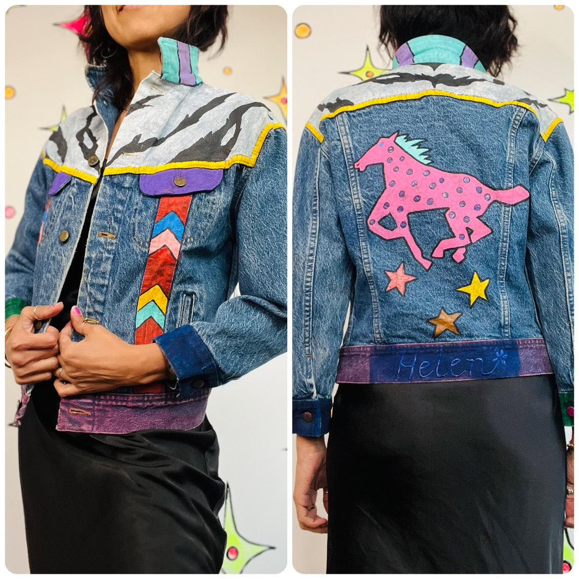 Vintage 80s 90s LEE Denim DIY Hand Painted Boho Grunge Jean Jacket S-M