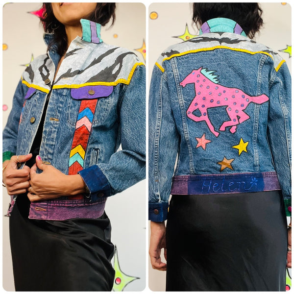 Vintage 80s 90s LEE Denim DIY Hand Painted Boho Grunge Jean Jacket S-M