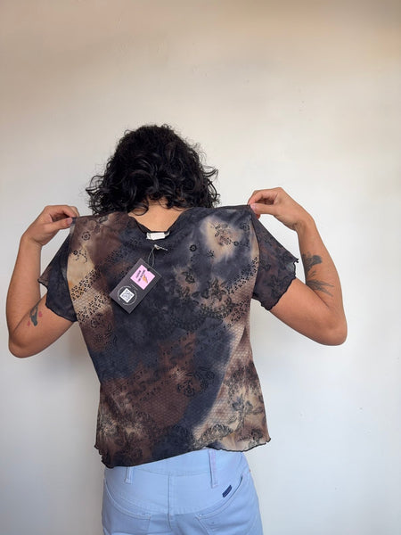 Fairy Grunge Mesh Tattoo Tee Wasteland Thrashed Black Brown Y2K Goth Top LXL