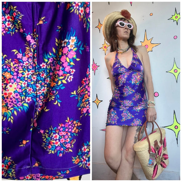 60s Purple Floral Halter Mini Dress Rainbow Mod Psychedelic Go-Go Party Dress S