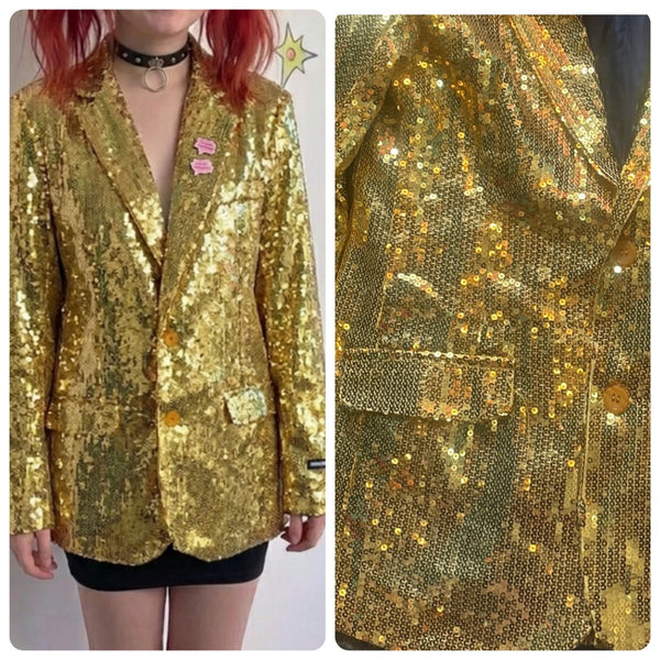 Metallic Gold Men's Tuxedo Smoking Jacket Sequin Bling Disco Party Blazer M/L