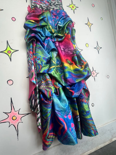 Y2K Bejeweled Peacock Prom Dress Maximalist Rainbow Hi-Low Glam Gown S
