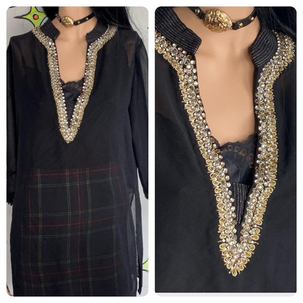 Y2K Sheer Black Rhinestone Top Witchy Boho Y2K Glam Tunic - Medium
