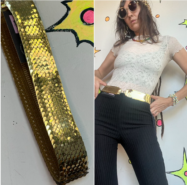 Vintage Gold Mermaid Scale Stretch Belt Disco / 80s Glam Statement Cincher