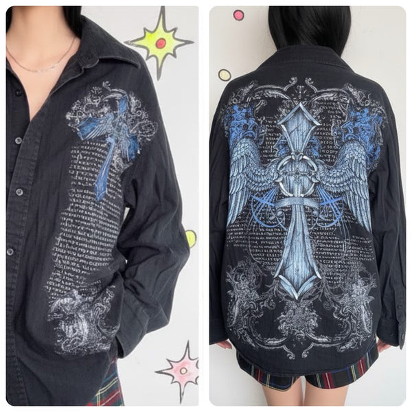 Y2K Affliction Style Tattoo Print Button-Up Black & Blue Graphic Shirt L/XL