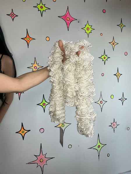 Y2K White Sequin Scrunch Scarf Cabbagecore Fairy Grunge Rococo Ruffle Boa Wrap
