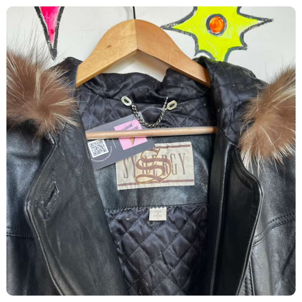 Vintage 80s 90s Black Leather Trench Coat | Goth Grunge Hooded w/ Fur Trim | S
