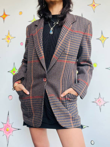Vintage 80s Brown Houndstooth Blazer Jones New York Wool Look Classic Jacket - 6