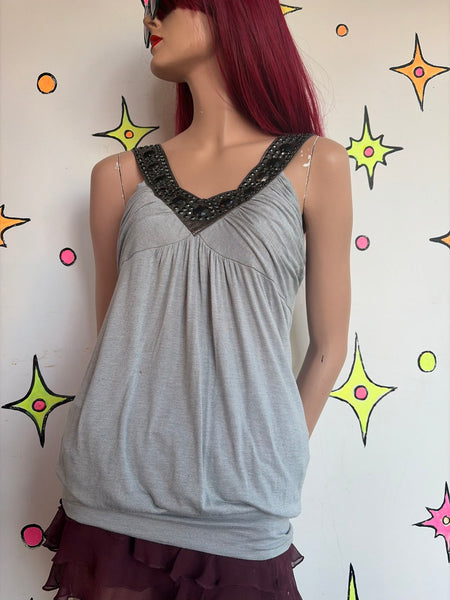 Y2K Silver Embellished Tank Top | McBling Fairy Grunge Glam Stretch Cami M