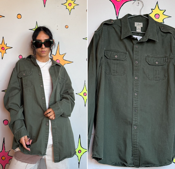 Vintage L.L.Bean Army Green Utility Shirt Military Surplus Wasteland Outdoor XL