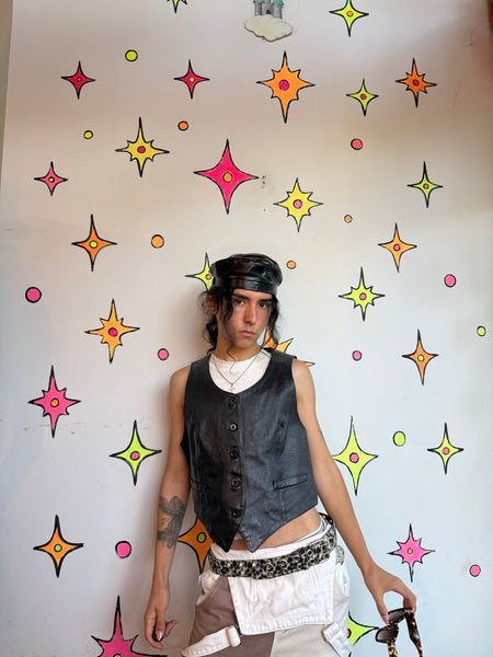 Vintage Black Leather Vest Western Biker Rocker Moto Grunge Vest S/M