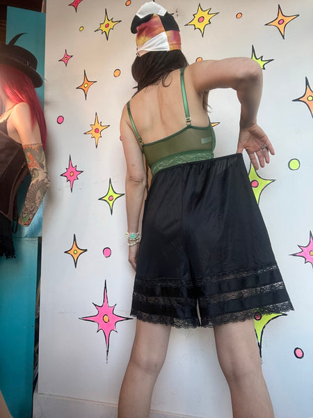 Vintage Black Tap Panties Lace Nylon Bloomers Lingerie Lounge Shorts XL+