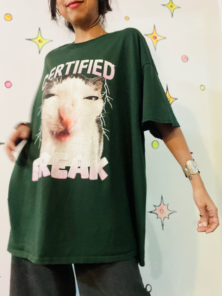 90s Y2K Certified Freak Kitty Cat Funny Graphic Tee Green 2XL