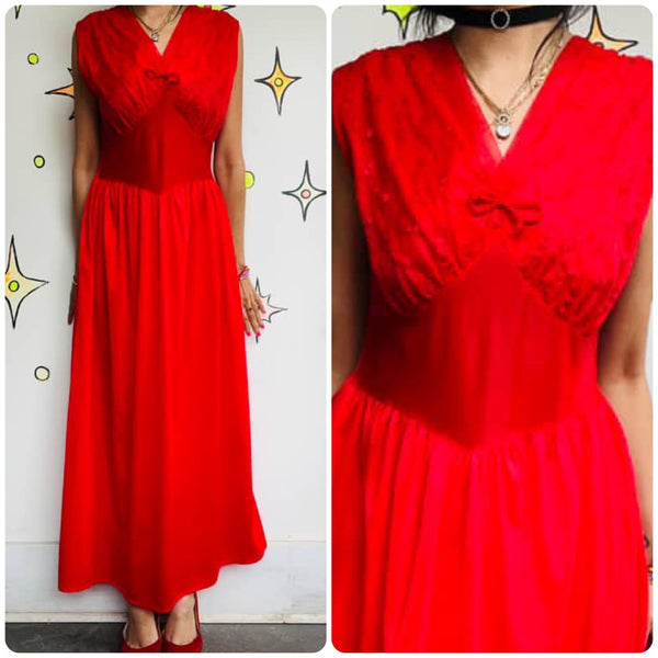 Vintage 50s | Cherry Red Double Layer Chiffon Babydoll Nighty SLip Dress | 38