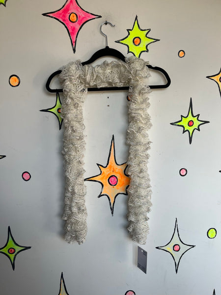 Y2K White Sequin Scrunch Scarf Cabbagecore Fairy Grunge Rococo Ruffle Boa Wrap
