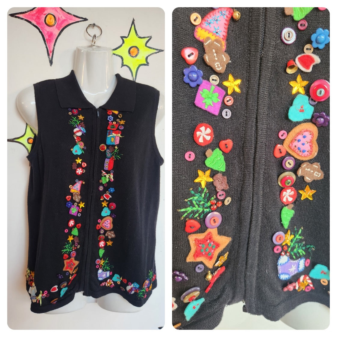 Vintage 90s | Festive Xmas Tacky Ugly Embellished Christmas Sweater Vest | Small