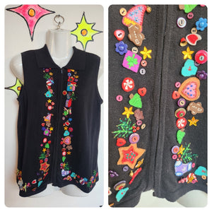 Vintage 90s | Festive Xmas Tacky Ugly Embellished Christmas Sweater Vest | Small