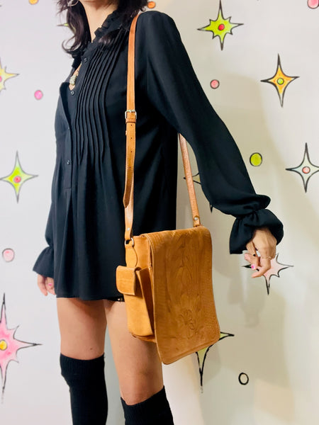Vintage 70s Tooled Leather Boho Western Satchel | Floral Hippie Crossbody Bag