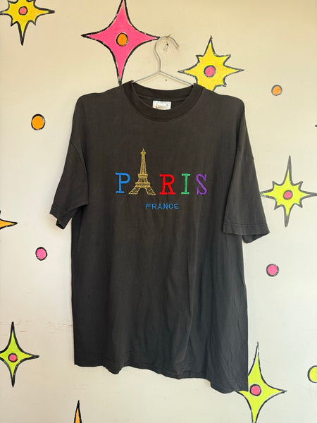 90s Paris France Embroidered Souvenir Tee Rainbow Eiffel Tower Pride T-Shirt L