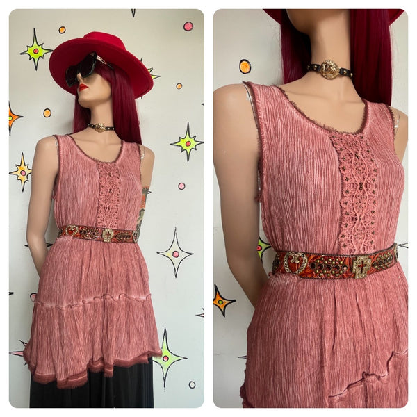 Vintage Red Distressed Embellished Crochet Boho Fairy Grunge Mini Dress S