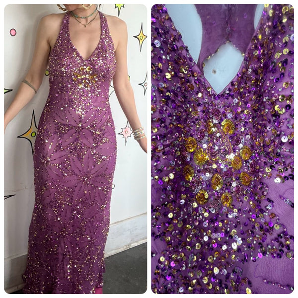 Vintage Y2K Glitter Glam Adrianna Papell Silk Fully Beaded Goddess Formal Gown 4