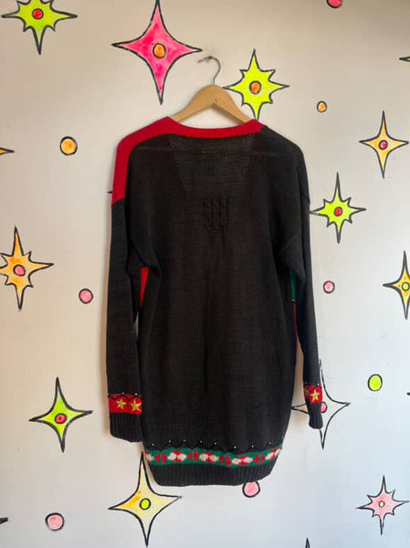 Vintage Black Christmas Sweater | Candy Cane Ugly Tacky Xmas Party Cardigan – L