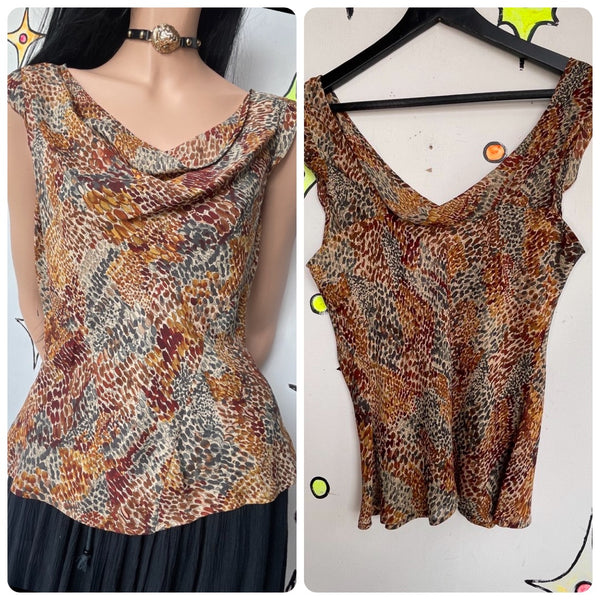 Y2K Silk Cowl Neck Top Snakeskin Print Glam Blouse Earth Tone Fairy Grunge M/L