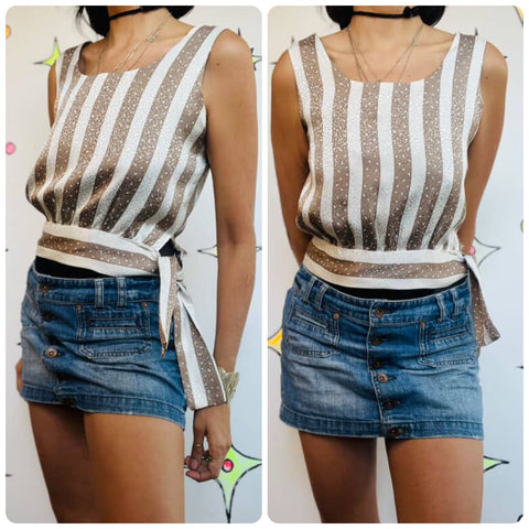 Vintage Striped Scarf Print Fairy Grunge Cottagecore Wrap Crop Top Blouse – S