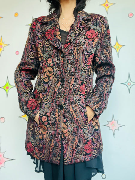 Vintage 90s Y2K Brocade Paisley Tapestry Coat Steampunk Fairy Grunge Size M