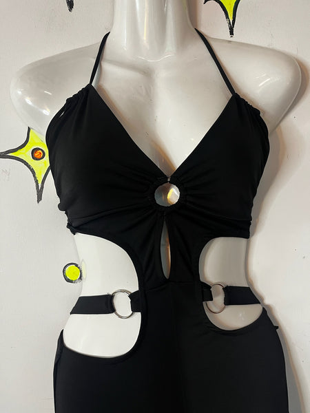 Y2K Black Cut-Out Slinky Disco Glam Flare Jumpsuit - Sexy Cat Suit - XS