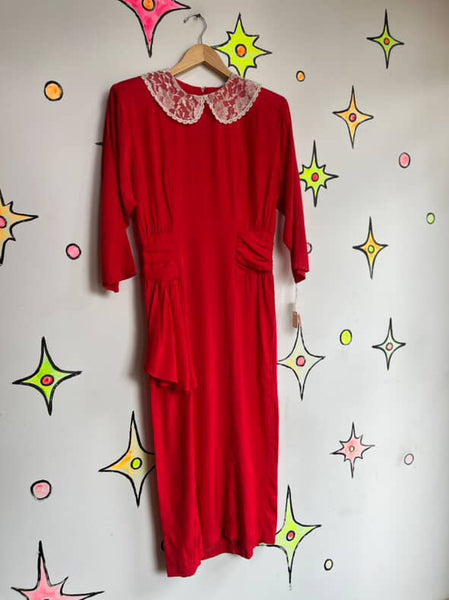 Vintage 80s Secretary Dress - NWT - Babydoll Grunge Cherry Red - Lace Collar - S