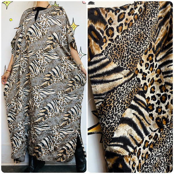 Vintage Y2K Boho Grunge Kaftan – Animal Print Mumu – Patchwork Festival Dress