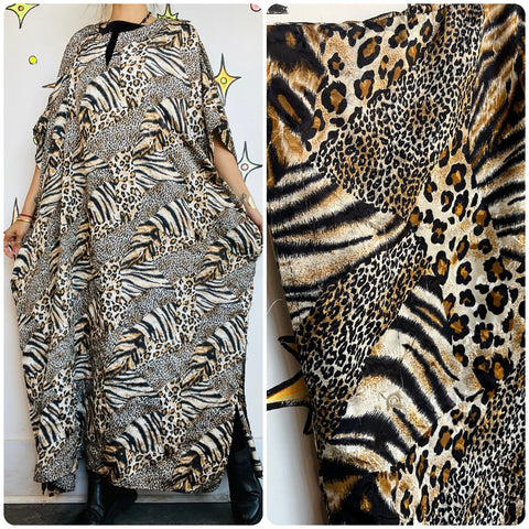 Vintage Y2K Boho Grunge Kaftan – Animal Print Mumu – Patchwork Festival Dress