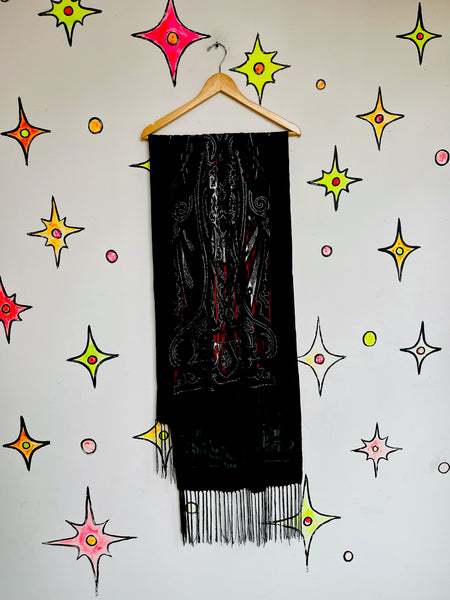 Vintage Black & Red Velvet Fringe Shawl Western Boho Flapper Witchy Goth Scarf