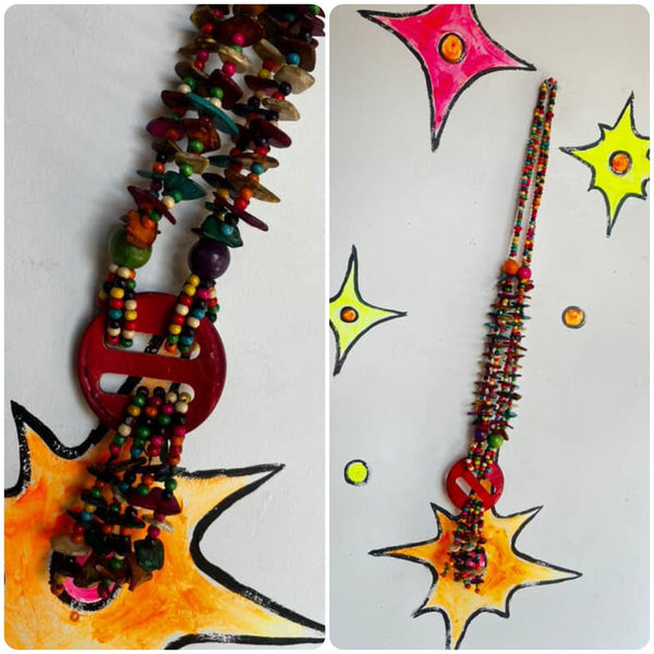 Vintage Boho Rainbow Wood & Coconut Shell Statement Necklace - Chunky Earthy