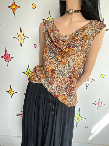 Y2K Silk Cowl Neck Top Snakeskin Print Glam Blouse Earth Tone Fairy Grunge M/L