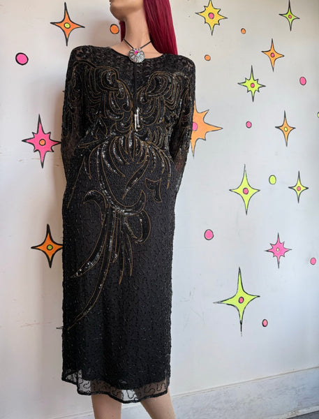 80s Black & Gold Fully Beaded Silk Gown Old Money Glam Mob Wife Cocktail Dress M