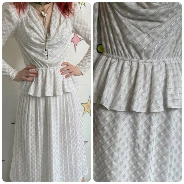 Vintage 80s | White Silver Cowl Neck Flowy Goddess Secretary Party Dress | S M