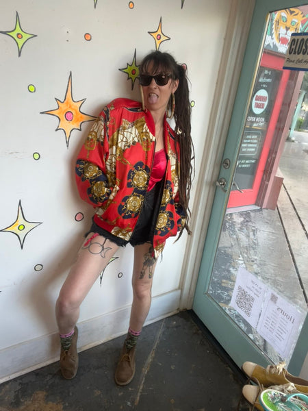 Vintage 80s Red Baroque Bomber Jacket Regal Scarf Print Statement Coat XL+