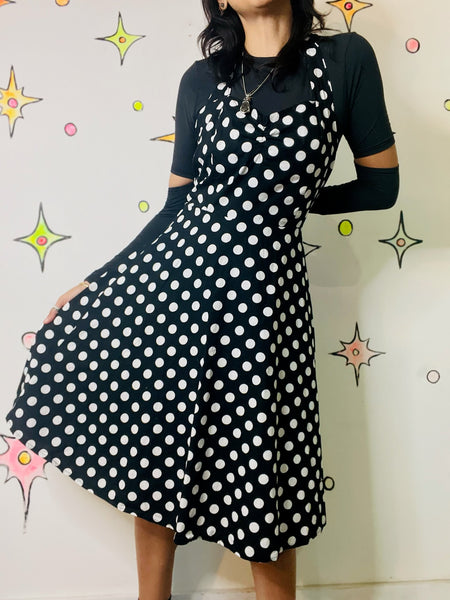 Vintage Retro 50s Style Black & White Polka Dot Halter Fit & Flare Swing Dress | L