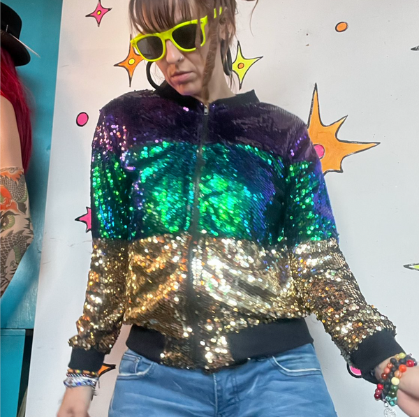 Vintage Sequin Bomber Jacket | Retro Mardi Gras Party Glam Maximalist M