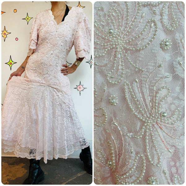 Vintage 80s Pink Pearl Beaded Lace Formal Gown Victorian Pastel Princess Dress M