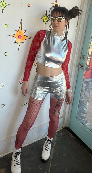 Metallic Silver Galactic Glam Shorts | Y2K Space Disco Hot Pants Party Rave M/L
