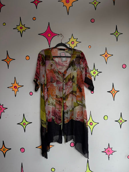 Y2K Floral Collage Print Duster Sheer Boho Kimono Romantic Fairy Grunge - OS