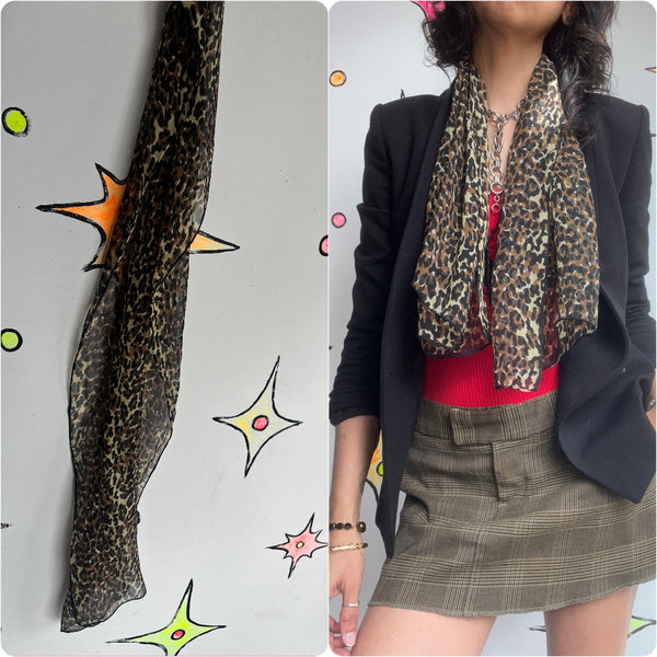 Vintage | Sheer Silk Leopard Print Scarf | Retro Glam Old Hollywood 50s 80s 90s