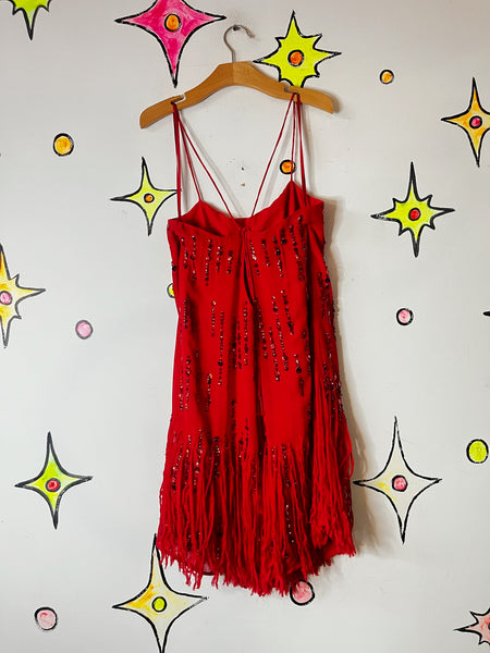 Vintage Red Fringe Flapper Christmas New Year Holiday Party Dress Sequin Glam XS