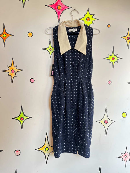 Vintage Evan-Picone Navy Polka Dot Silk Secretary Dress w/ Collar | Size 6