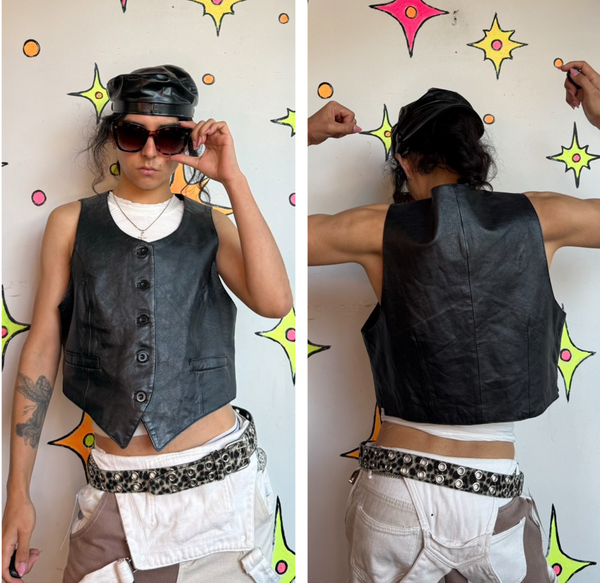 Vintage Black Leather Vest Western Biker Rocker Moto Grunge Vest S/M
